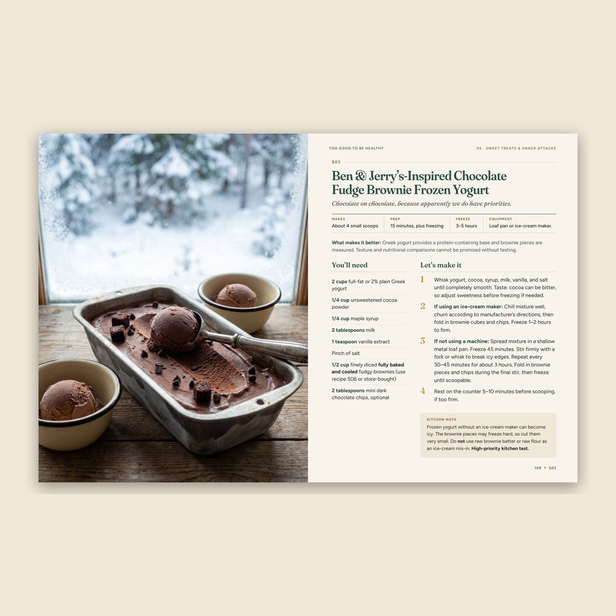Inside spread: chocolate fudge brownie frozen yogurt recipe