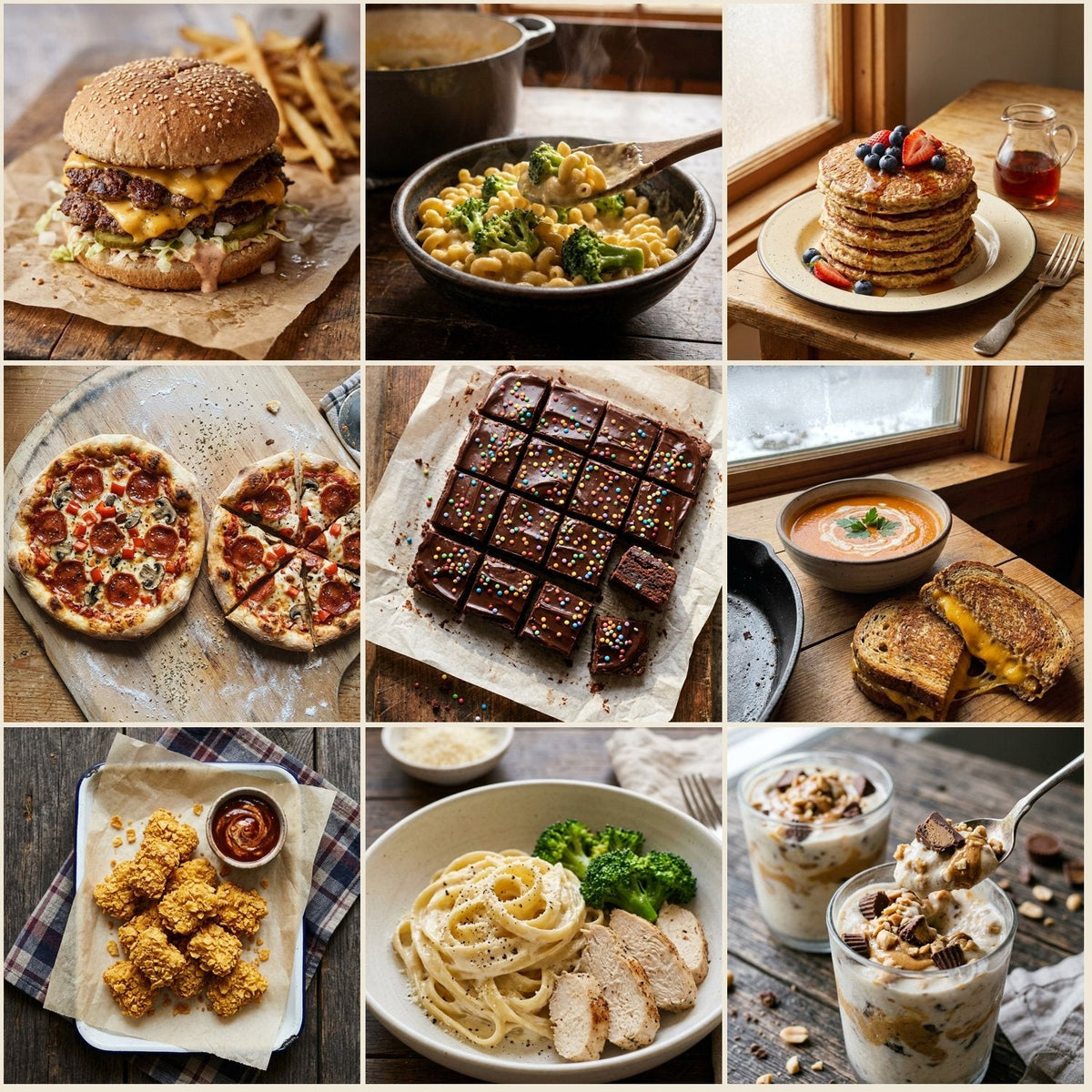 Nine recipes from the book: double burger, mac and cheese, pancakes, pizza, brownies, tomato soup, nuggets, Alfredo, peanut butter frozen treat