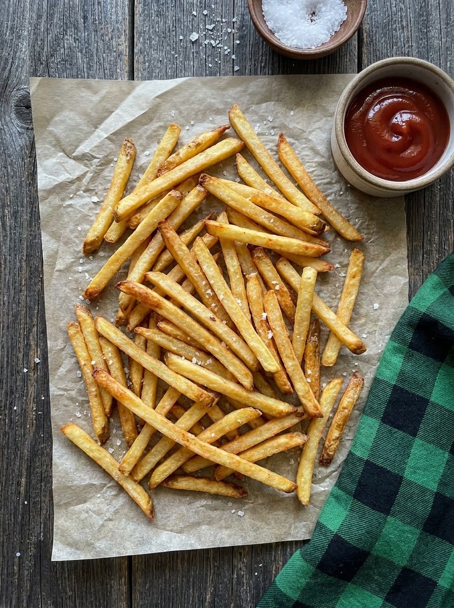 Thin golden air-fryer fries on parchment