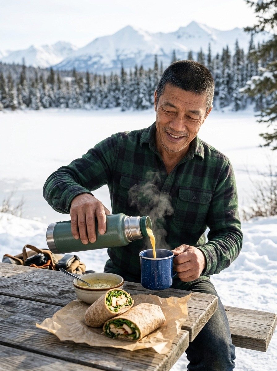Our host pouring soup at a picnic table by a frozen Alaskan lake